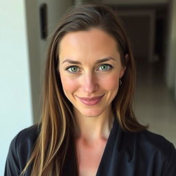 A 35-year-old woman with a natural style and fair skin, minimal makeup, captured in a portrait style view from the waist up