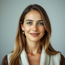 A 35-year-old woman with a natural style and fair skin, minimal makeup, captured in a portrait style view from the waist up