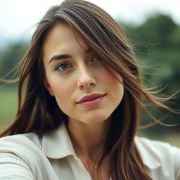 A 35-year-old woman with a natural style and fair skin, minimal makeup, portrayed from the waist up