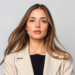 A 35-year-old woman with a natural style and fair skin, minimal makeup, portrayed from the waist up