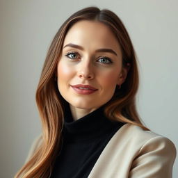 A 35-year-old woman with a natural style and fair skin, exhibiting minimal makeup, presented in a waist-up portrait