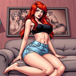 A realistic comic book style illustration of a beautiful, sexy woman with long flame red hair and an exaggerated hourglass figure