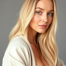 A 35-year-old woman with a natural aesthetic, featuring fair skin and minimal makeup, shown in a waist-up portrait