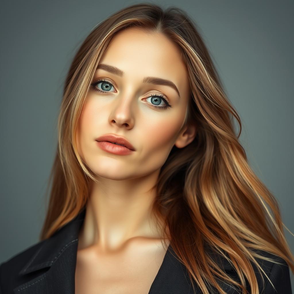 A 35-year-old woman with a natural aesthetic, featuring fair skin and minimal makeup, shown in a waist-up portrait