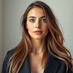 A 35-year-old woman with a natural style, featuring fair skin and minimal makeup