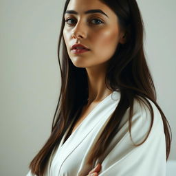 A 35-year-old woman embodying a natural style, with fair skin and minimal makeup