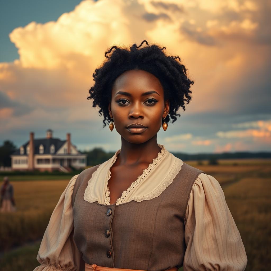 A powerful historical portrait featuring a strong Black woman in a colonial-era setting