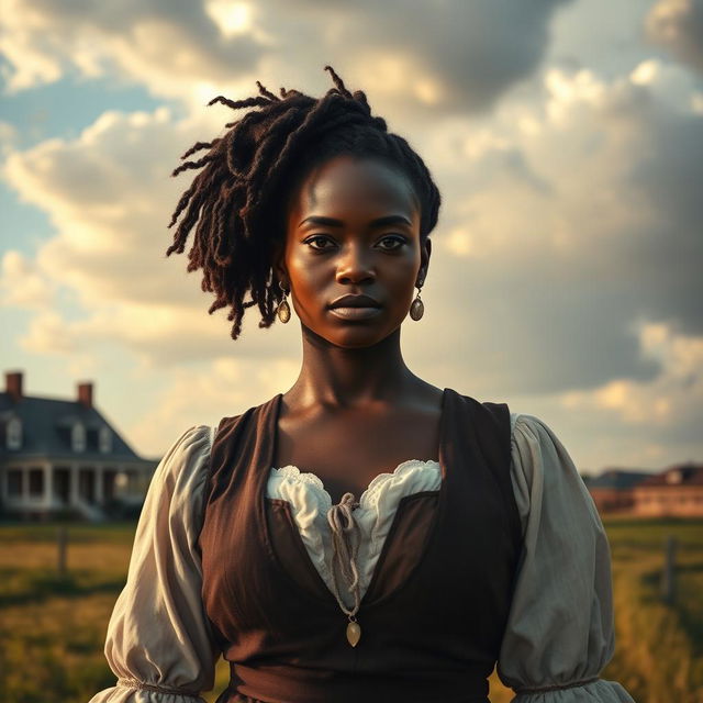 A powerful historical portrait featuring a strong Black woman in a colonial-era setting