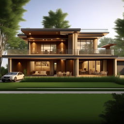 Render a 3D view of a home plan placed on a 3045 square feet land, with a spacious outdoor area filled with green grass and a sitting place. The house should have a garage, dining room, living room, four bathrooms, seven bedrooms, and a beautiful kitchen.