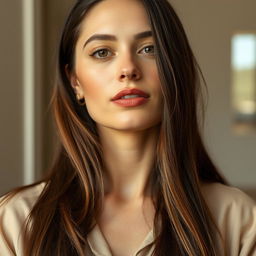 A 35-year-old woman embodying a natural style, characterized by fair skin and minimal makeup