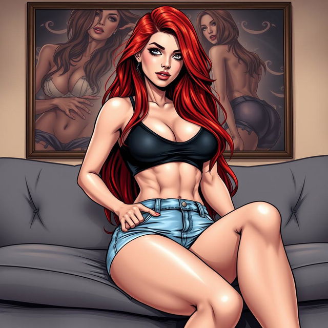 A realistic comic book style illustration of a beautiful, sexy woman with long flame red hair and an exaggerated hourglass figure