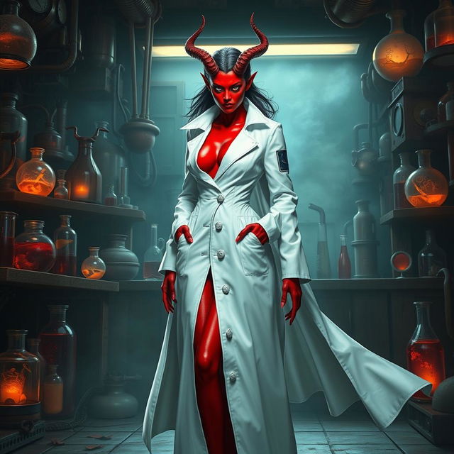 A female demonic mad scientist clad in a long, flowing white coat that accentuates her striking red skin