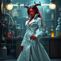 A female demonic mad scientist clad in a long, flowing white coat that accentuates her striking red skin