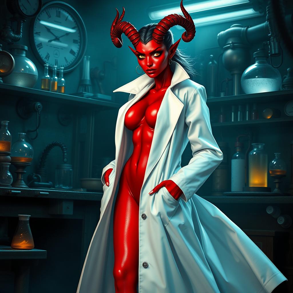 A female demonic mad scientist clad in a long, flowing white coat that accentuates her striking red skin