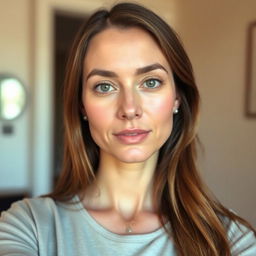 A 38-year-old woman showcasing a natural style, featuring fair skin and minimal makeup