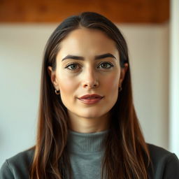 A 38-year-old woman showcasing a natural style, featuring fair skin and minimal makeup