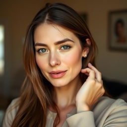 A 38-year-old woman presenting a natural style, featuring fair skin and minimal makeup