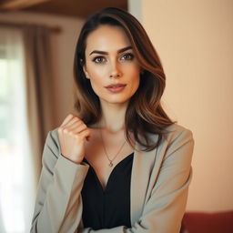 A 38-year-old woman presenting a natural style, featuring fair skin and minimal makeup