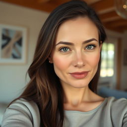 A 38-year-old woman presenting a natural style, featuring fair skin and minimal makeup