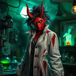 A female demonic mad scientist clad in a long, flowing white coat that's eerily stained with dark blood, emphasizing her chaotic and sinister nature