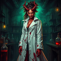 A female demonic mad scientist clad in a long, flowing white coat that's eerily stained with dark blood, emphasizing her chaotic and sinister nature