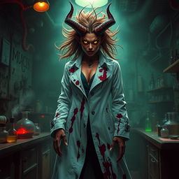 A female demonic mad scientist clad in a long, flowing white coat that's eerily stained with dark blood, emphasizing her chaotic and sinister nature