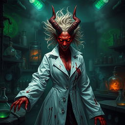 A female demonic mad scientist clad in a long, flowing white coat that's eerily stained with dark blood, emphasizing her chaotic and sinister nature