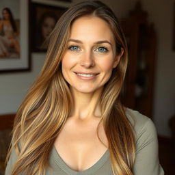 A 38-year-old woman presenting a natural style, with fair skin and minimal makeup