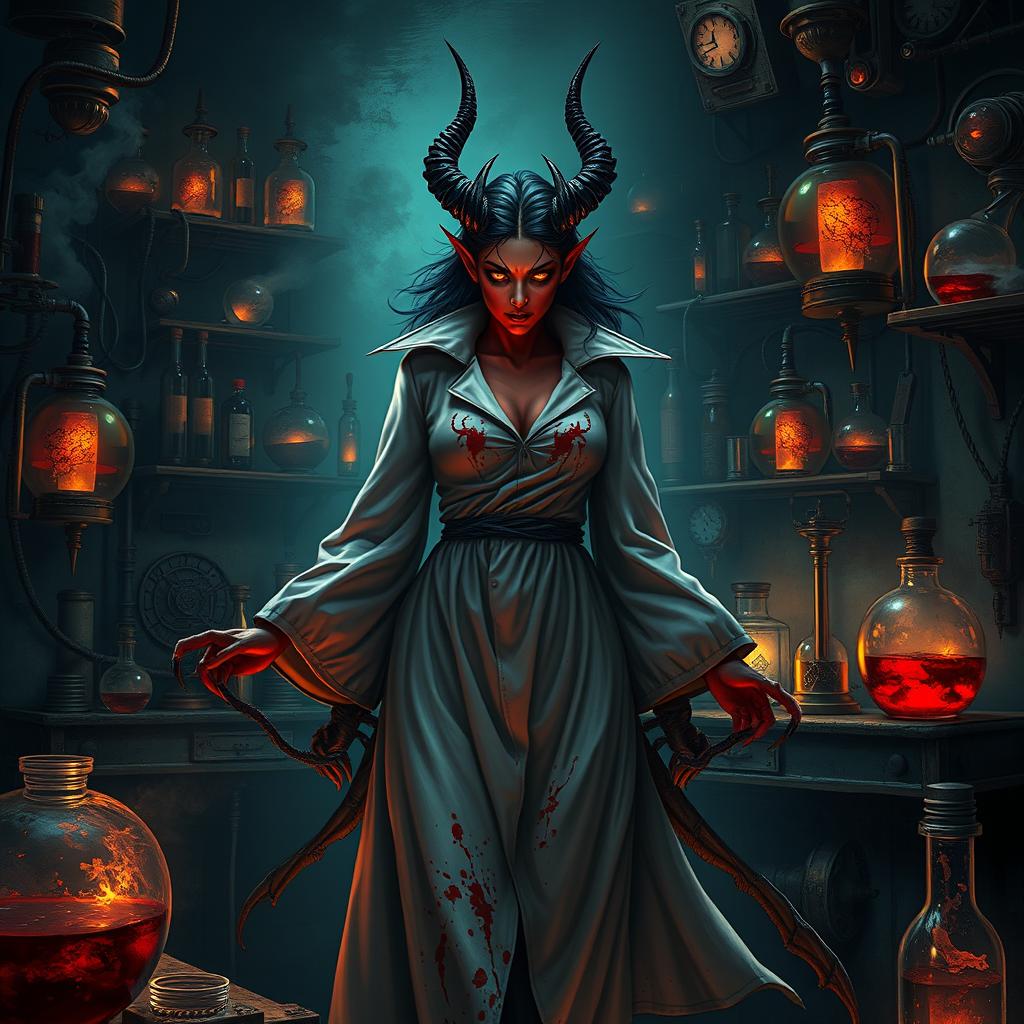 A female demonic mad scientist wearing a long, blood-stained smock that flows elegantly around her