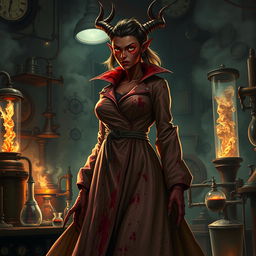 A female demonic mad scientist wearing a long, blood-stained smock that flows elegantly around her