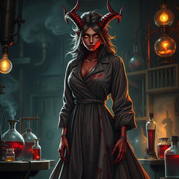 A female demonic mad scientist wearing a long, blood-stained smock that flows elegantly around her