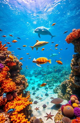 A vibrant ocean ecosystem teeming with life, showcasing a coral reef bustling with colorful fish such as clownfish, angelfish, and parrotfish