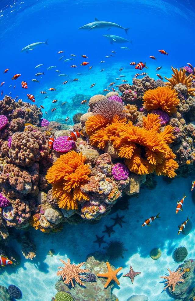 A vibrant ocean ecosystem teeming with life, showcasing a coral reef bustling with colorful fish such as clownfish, angelfish, and parrotfish