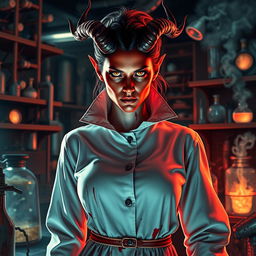 A female demonic mad scientist wearing a long, high-collared white smock that is dramatically blood-stained, showcasing her sinister profession