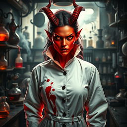 A female demonic mad scientist wearing a long, high-collared white smock that is dramatically blood-stained, showcasing her sinister profession