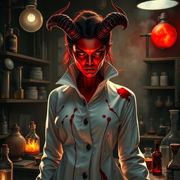 A female demonic mad scientist wearing a long, high-collared white smock that is dramatically blood-stained, showcasing her sinister profession