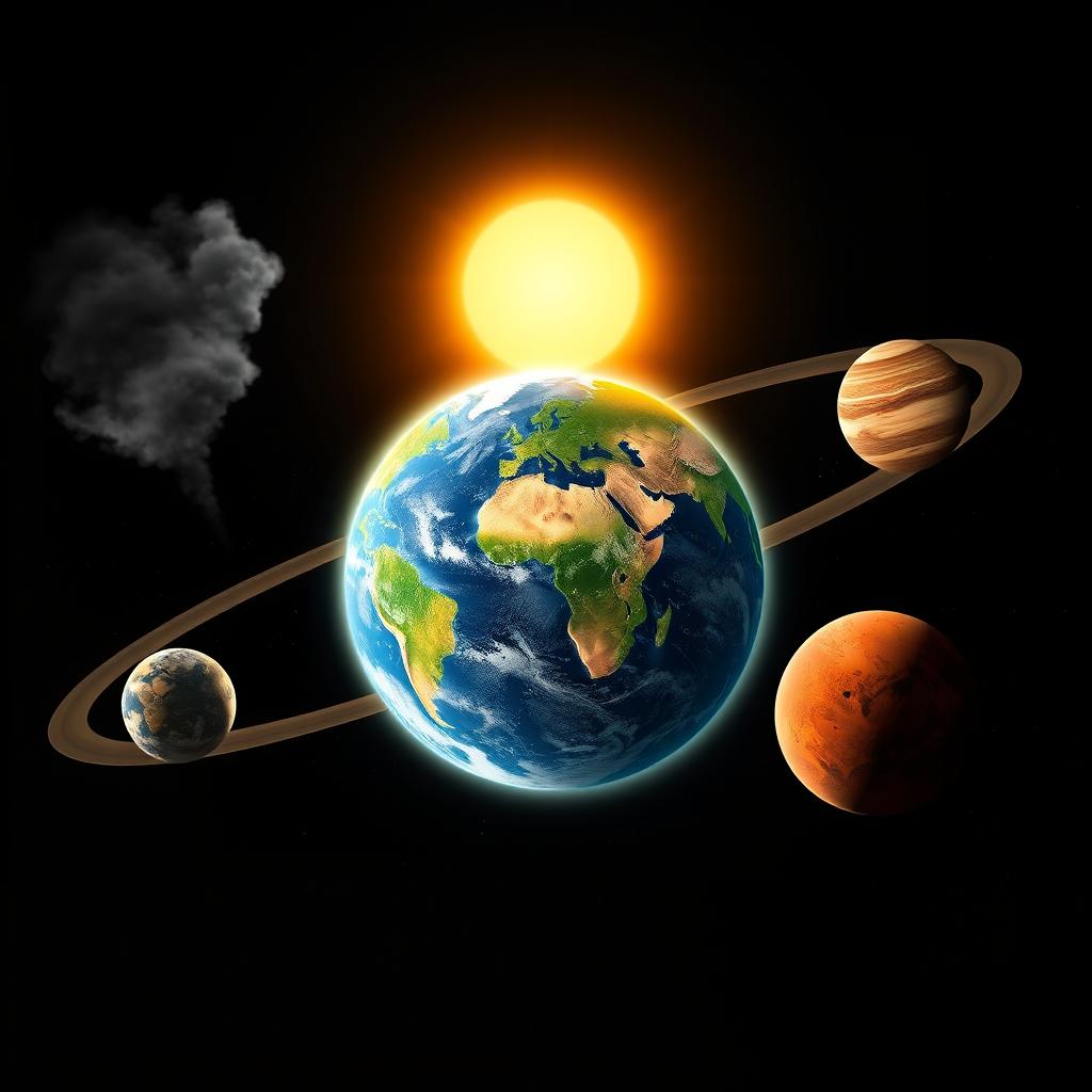 An artistic depiction of the solar system, with Earth prominently featured as a symbol of health and pollution-free living