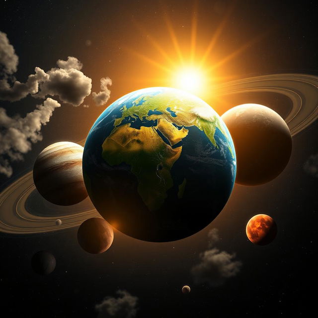 An artistic depiction of the solar system, with Earth prominently featured as a symbol of health and pollution-free living