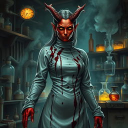 A female demonic mad scientist wearing a long, blood-stained turtleneck smock that clings to her figure, accentuating her menacing demeanor