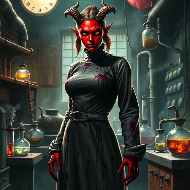 A female demonic mad scientist wearing a long, blood-stained turtleneck smock that clings to her figure, accentuating her menacing demeanor