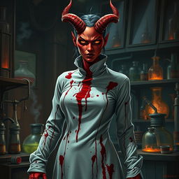 A female demonic mad scientist wearing a long, blood-stained turtleneck smock that clings to her figure, accentuating her menacing demeanor
