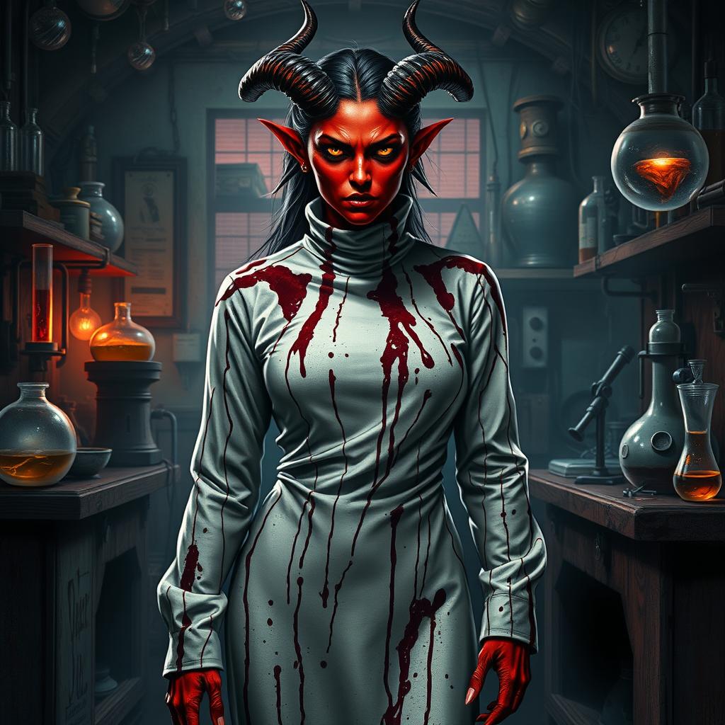 A female demonic mad scientist wearing a long, blood-stained turtleneck smock that clings to her figure, accentuating her menacing demeanor