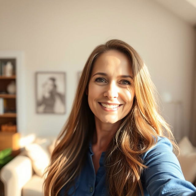 A realistic selfie of a 42-year-old woman with long brown hair, gently smiling in a sunlit room