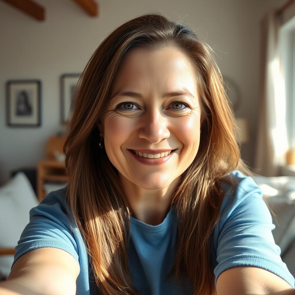 A realistic selfie of a 42-year-old woman with long brown hair, gently smiling in a sunlit room