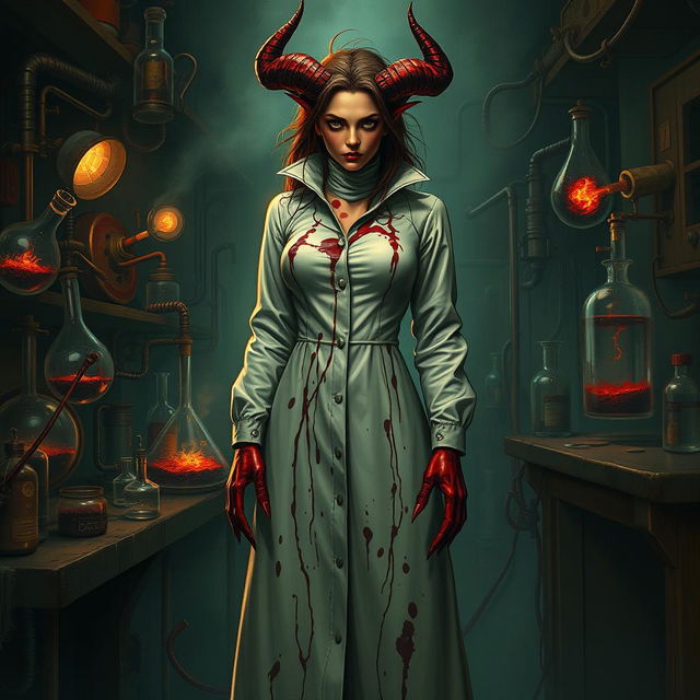 A female demonic mad scientist featuring a long, blood-stained turtleneck smock that elegantly envelops her form