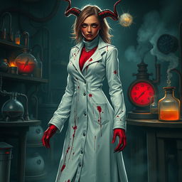 A female demonic mad scientist featuring a long, blood-stained turtleneck smock that elegantly envelops her form