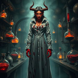 A female demonic mad scientist featuring a long, blood-stained turtleneck smock that elegantly envelops her form