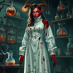 A female demonic mad scientist featuring a long, blood-stained turtleneck smock that elegantly envelops her form