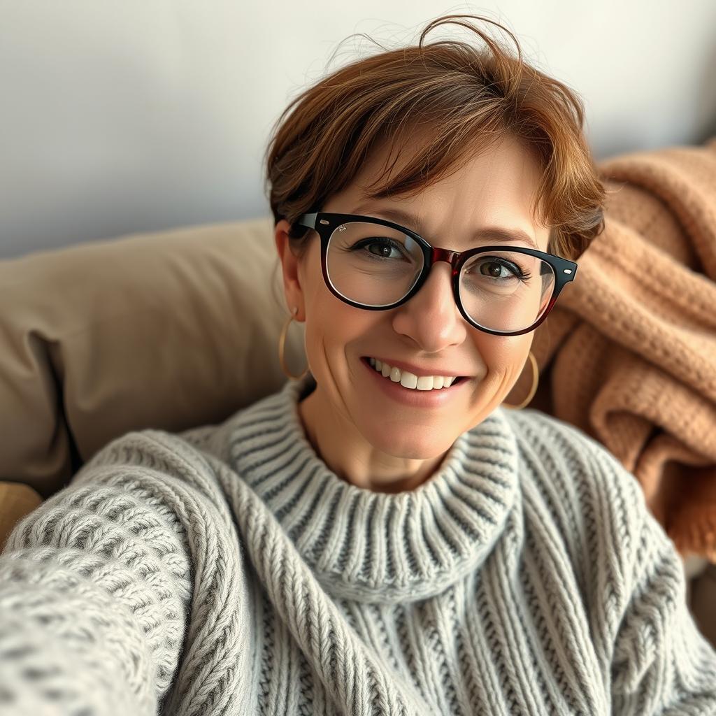 A close-up selfie of a 40-year-old woman with stylish glasses, wearing a cozy, knitted sweater, sitting comfortably on a plush couch