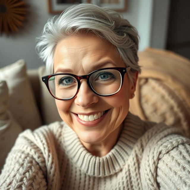 A close-up selfie of a 40-year-old woman with stylish glasses, wearing a cozy, knitted sweater, sitting comfortably on a plush couch